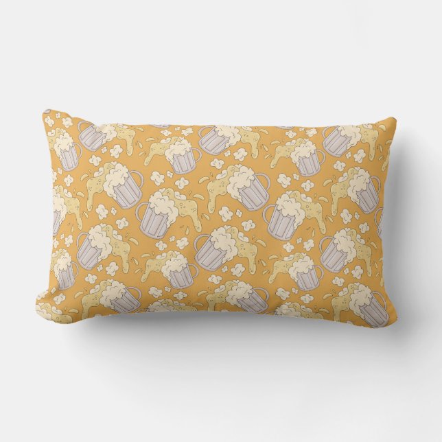 Mug with beer cartoon seamless pattern. Alcohol dr Lumbar Pillow (Front)