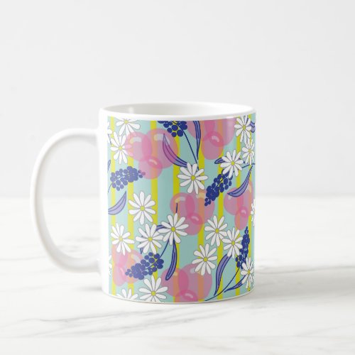 Mug with Bubbles Stripes Daisies and Lupines