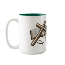 MUG WITH CROSS AND BIBLE GREEN & WHITE