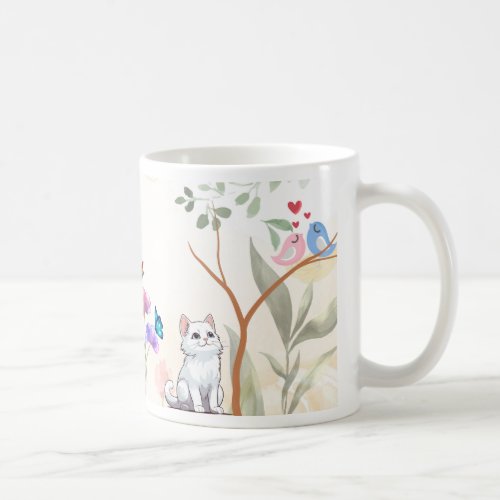 mug with drawings cat and birds with a session