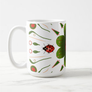 Mug with ladybug design, red & green on white.