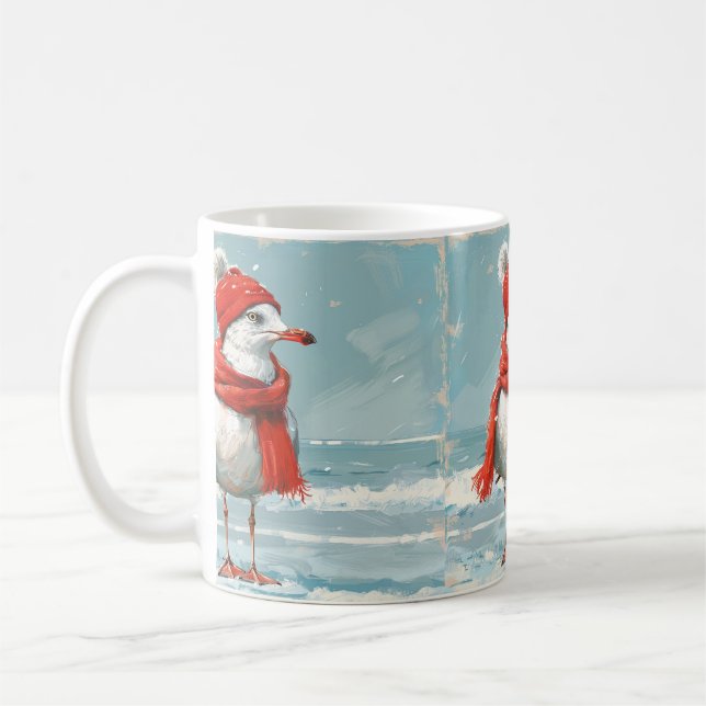Mug with Seagull wearing red scarf and a hat (Left)