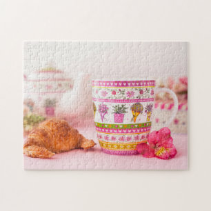 Mug With Tea, Croissant And Flower Jigsaw Puzzle