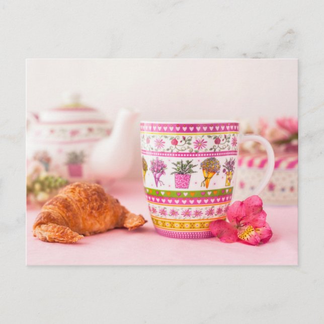 Mug With Tea, Croissant And Flower Postcard (Front)