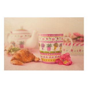 Mug With Tea, Croissant And Flower Wood Wall Decor