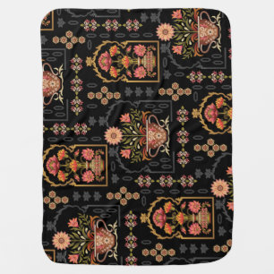 Mughal Floral Motif: Black Seamless. Baby Blanket