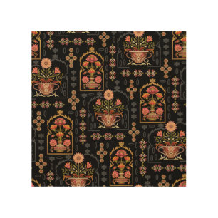 Mughal Floral Motif: Black Seamless. Wood Wall Art