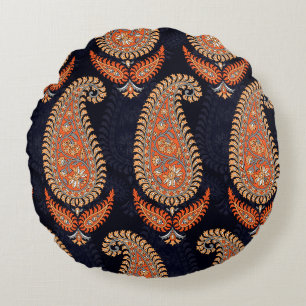 Mughal floral motif pattern on navy round pillow