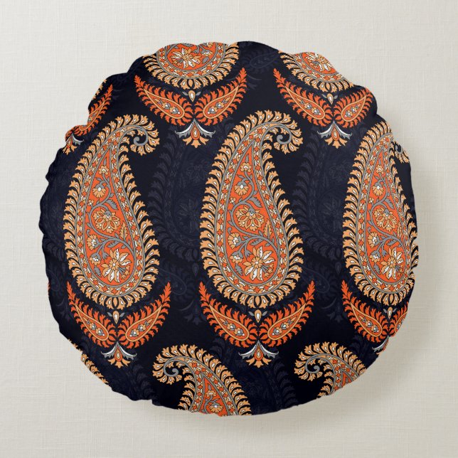 Mughal floral motif pattern on navy round pillow (Front)