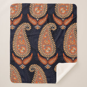 Mughal floral motif pattern on navy sherpa blanket