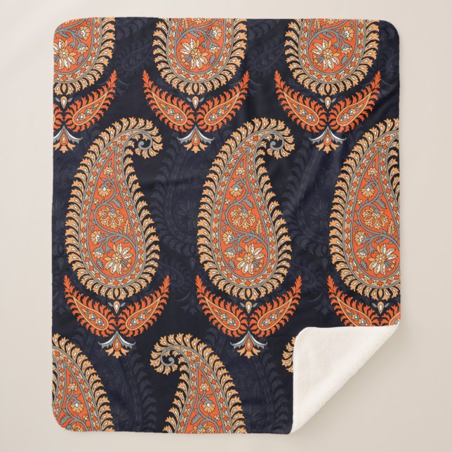 Mughal floral motif pattern on navy sherpa blanket (Front)