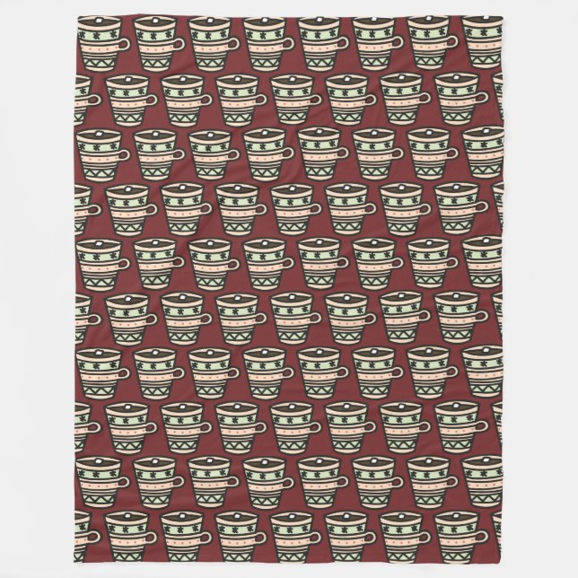 Mugs of Cocoa with Marshmallow Pattern Burgundy Fleece Blanket (Front)