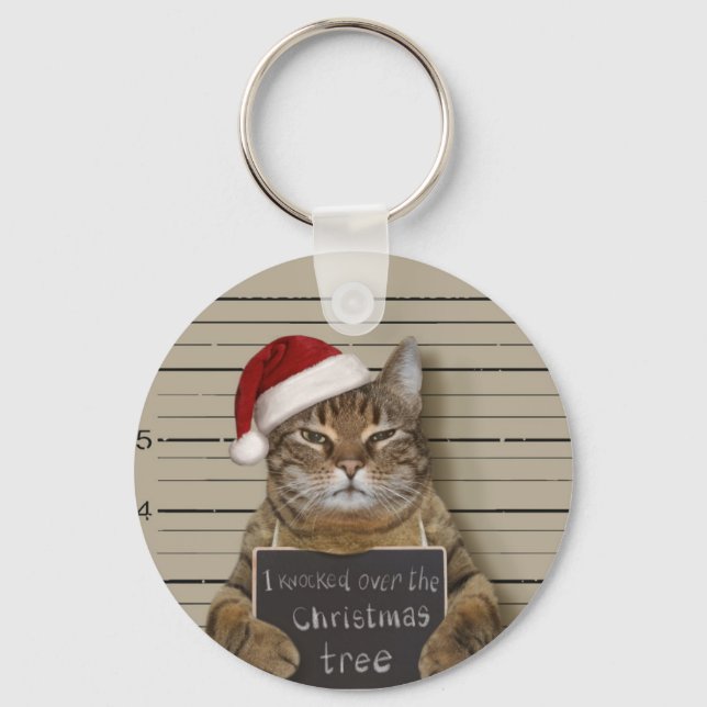 Mugshot Cat Christmas Keychain (Front)