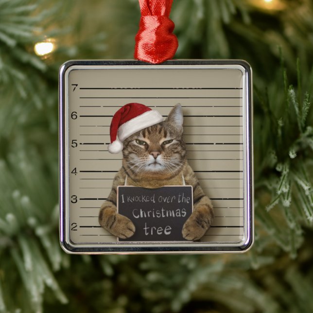 Mugshot Cat Christmas Metal Ornament (Tree)