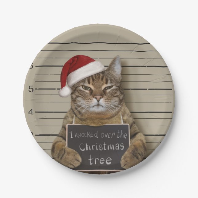 Mugshot Cat Christmas Paper Plates (Front)
