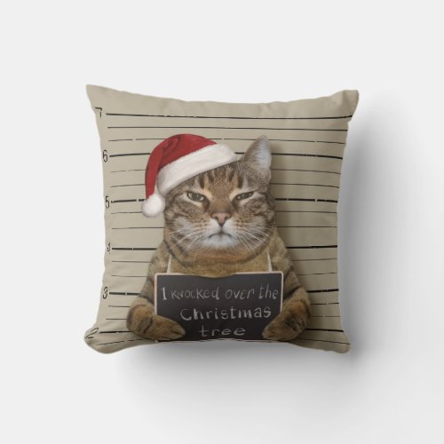 Mugshot Cat Christmas Throw Pillow
