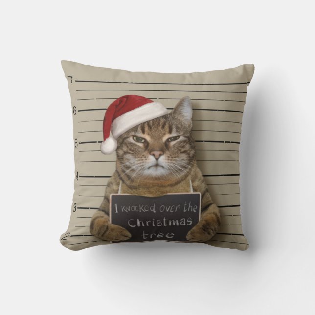 Mugshot Cat Christmas Throw Pillow (Front)