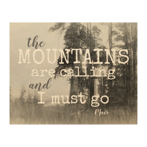 Muir quote the mountains are calling on wood panel