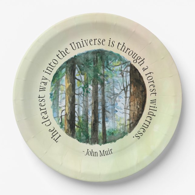 Muir Quote Watercolor Forest Paper Plates (Front)