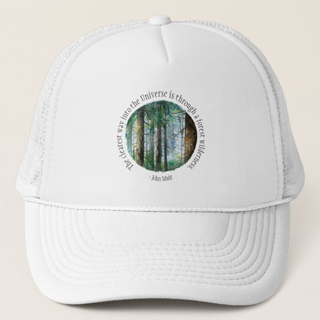 Muir Quote Watercolor Forest Trucker Hat (Front)
