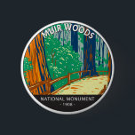 Muir Woods National Monument California Vintage  Button<br><div class="desc">Muir Woods vector artwork design. It is an old-growth coastal redwood forest. Due to its proximity to the Pacific Ocean,  the forest is regularly shrouded in a coastal marine layer fog,  contributing to a wet environment that encourages vigorous plant growth.</div>