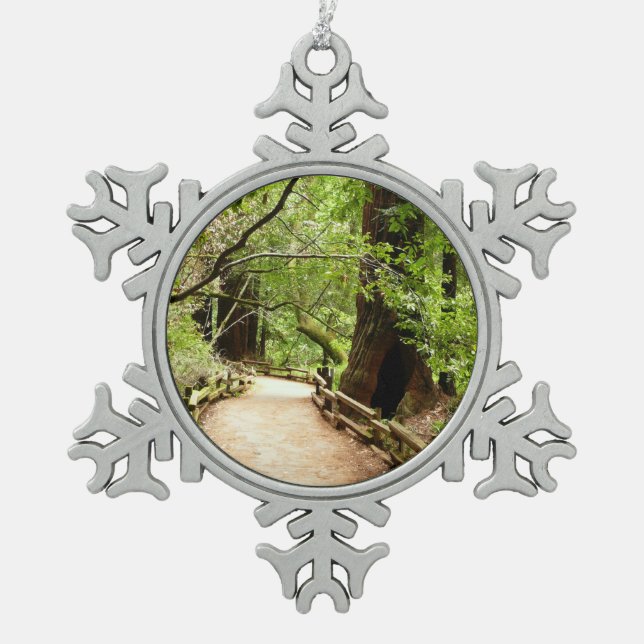 Muir Woods Path II Nature Photography Snowflake Pewter Christmas Ornament (Front)