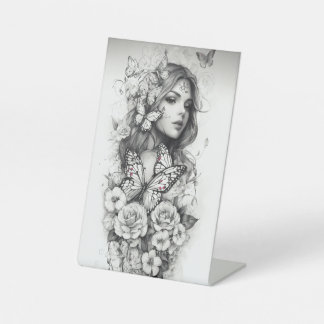 Mujer con flores pedestal sign
