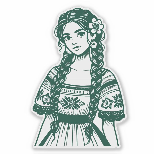 Mujer Mexicana Minimal Line Art Green Sticker (Front)
