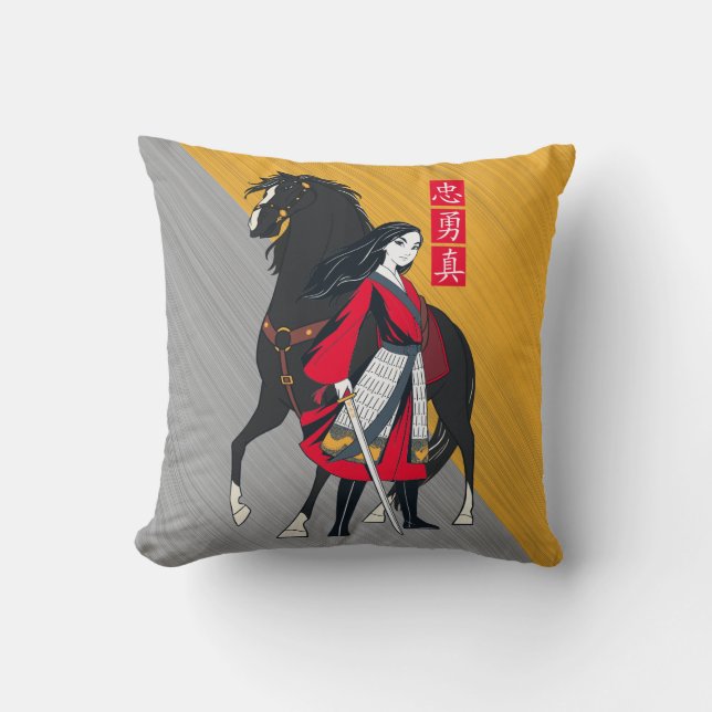 Mulan Beside Black Wind Illustration Throw Pillow (Front)