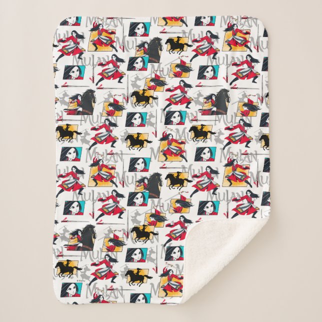 Mulan Illustrated Panels Pattern Sherpa Blanket (Front)