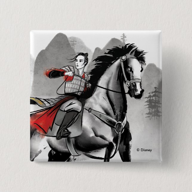 Mulan In Armor Riding Black Wind Watercolor Button (Front)