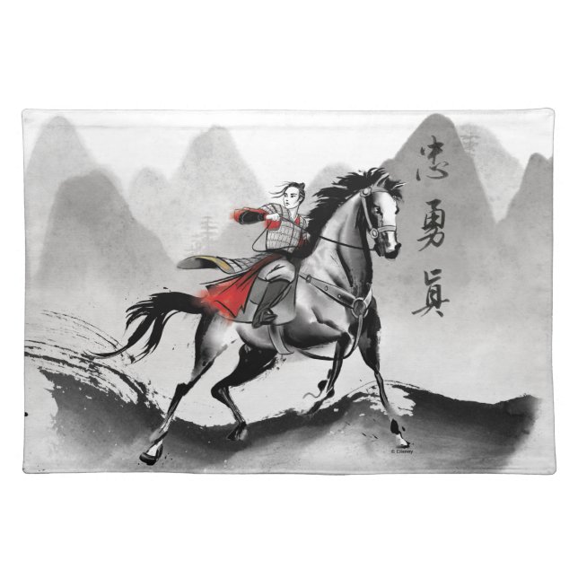 Mulan In Armor Riding Black Wind Watercolor Cloth Placemat (Front)
