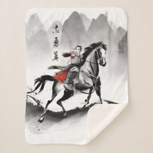 Mulan In Armor Riding Black Wind Watercolor Sherpa Blanket