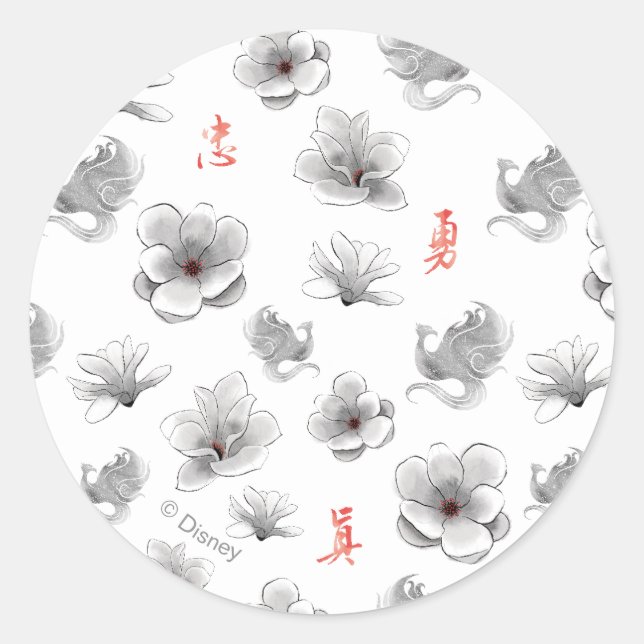 Mulan "Loyal Brave True" Flower & Spirit Pattern Classic Round Sticker (Front)