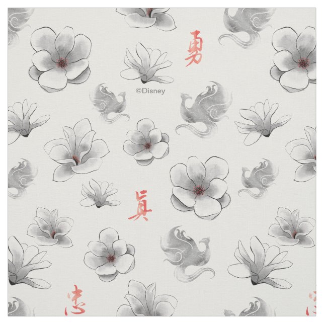 Mulan "Loyal Brave True" Flower & Spirit Pattern Fabric (Swatch)