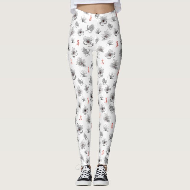 Mulan "Loyal Brave True" Flower & Spirit Pattern Leggings (Front)