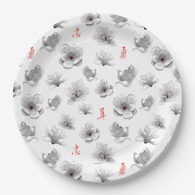 Mulan "Loyal Brave True" Flower & Spirit Pattern Paper Plates (Front)