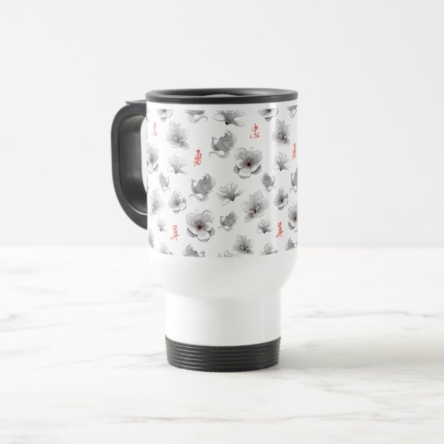 Mulan "Loyal Brave True" Flower & Spirit Pattern Travel Mug (Front Left)