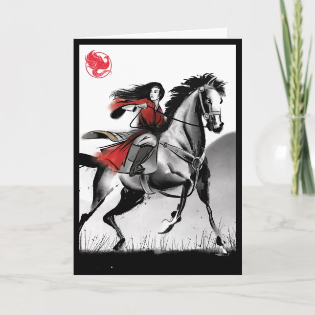Mulan Riding Black Wind Framed Watercolor Card (Front)