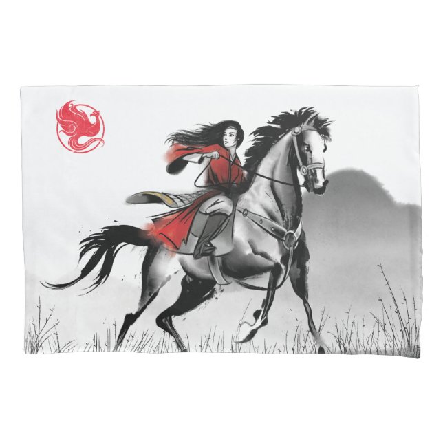 Mulan Riding Black Wind Framed Watercolor Pillow Case (Front)