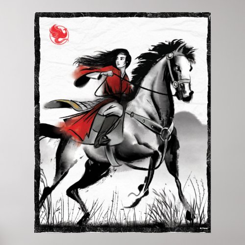 Mulan Riding Black Wind Framed Watercolor Poster
