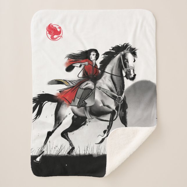 Mulan Riding Black Wind Framed Watercolor Sherpa Blanket (Front)