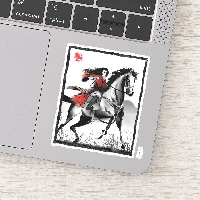 Mulan Riding Black Wind Framed Watercolor Sticker (Detail)