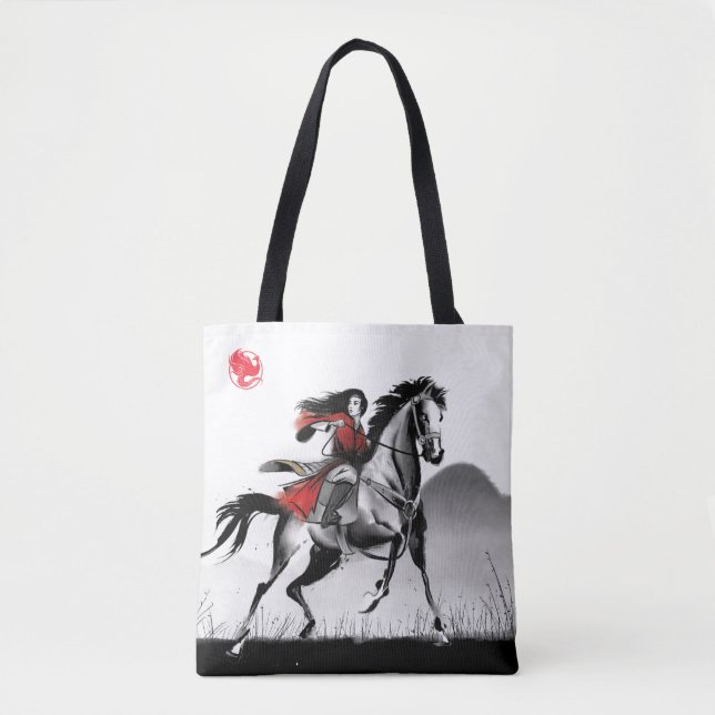 Mulan Riding Black Wind Framed Watercolor Tote Bag (Front)