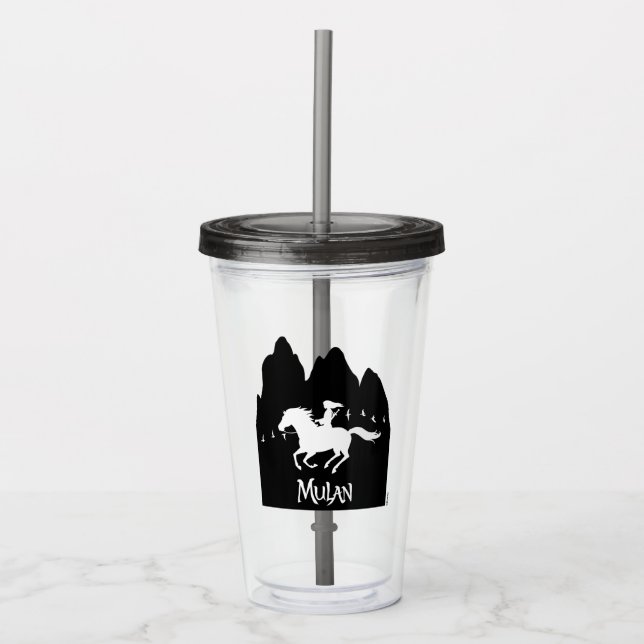 Mulan Riding Black Wind Past Mountains Silhouette Acrylic Tumbler (Front)