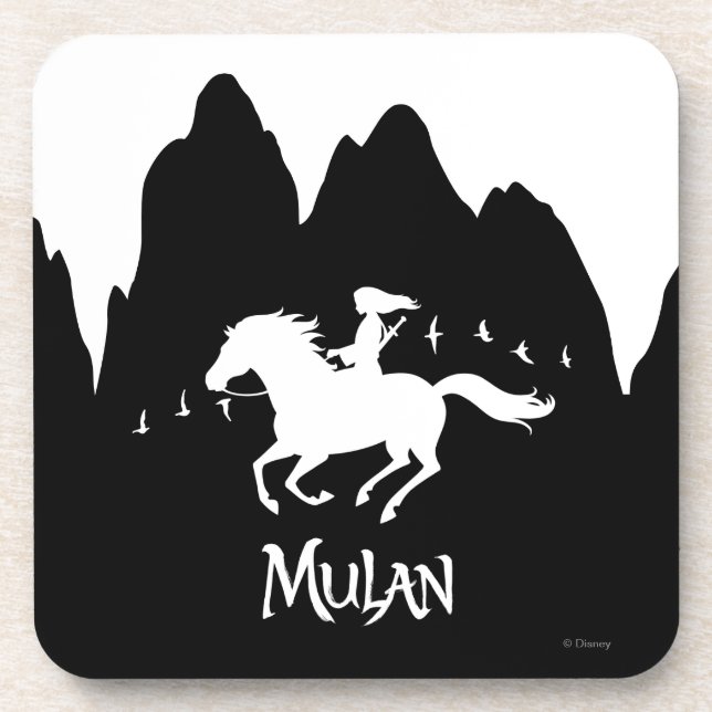 Mulan Riding Black Wind Past Mountains Silhouette Beverage Coaster (Front)