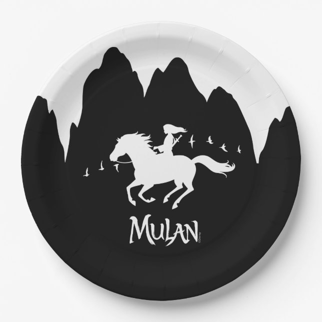 Mulan Riding Black Wind Past Mountains Silhouette Paper Plates (Front)