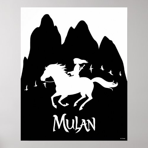 Mulan Riding Black Wind Past Mountains Silhouette Poster