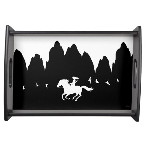 Mulan Riding Black Wind Past Mountains Silhouette Serving Tray
