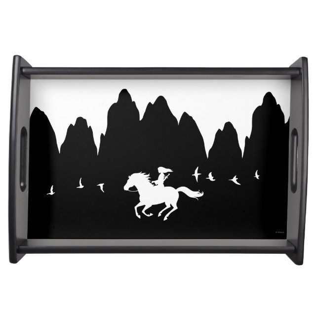 Mulan Riding Black Wind Past Mountains Silhouette Serving Tray (Front)